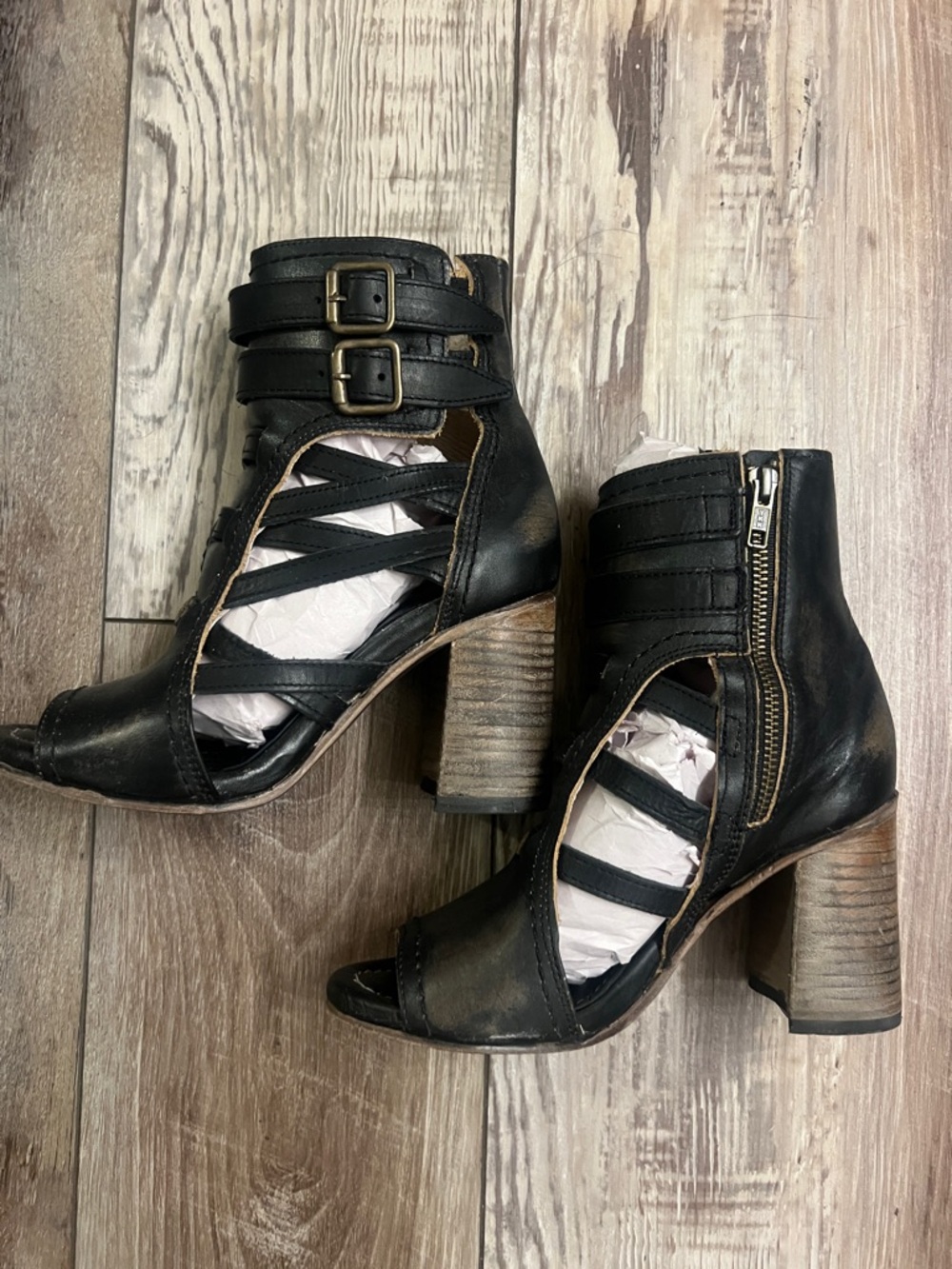 Freebird by Steven Women’s Black Strappy Peep-Toe Block Heel Booties